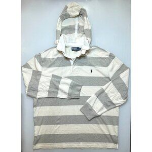 Vtg 80s 90s Polo Ralph Lauren Hooded Rugby Shirt Gray/Beige Striped Men's XL